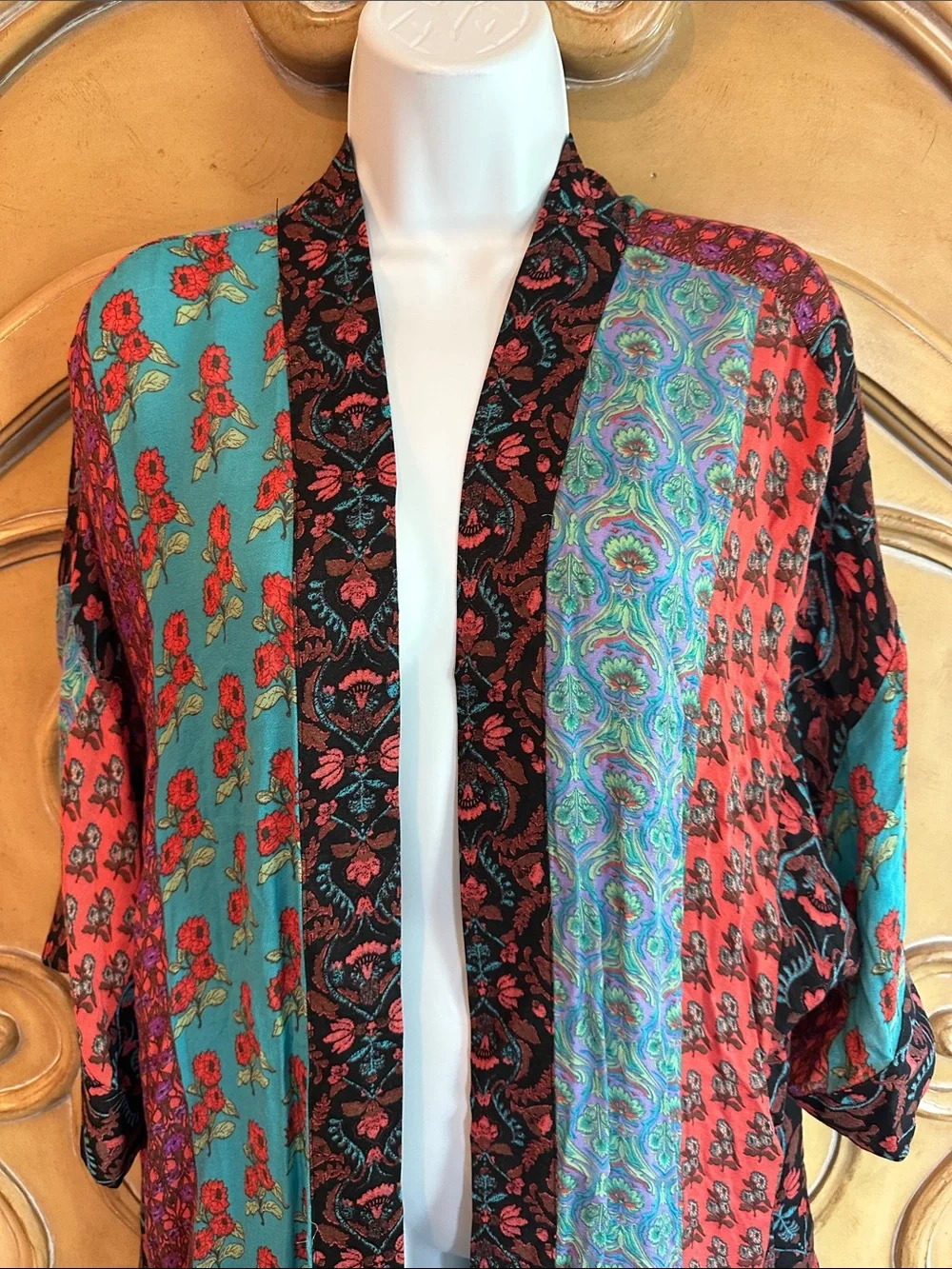 Boho Patchwork Kimono Cardigan - Teal, Red, Black